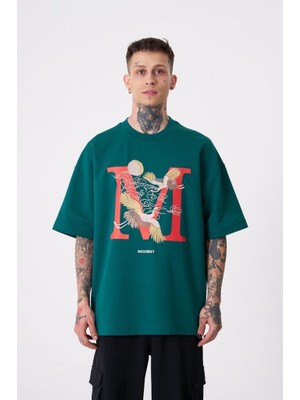 Machinist Erkek Crane Bird Baskılı Oversize Tişört Yağ Yeşili