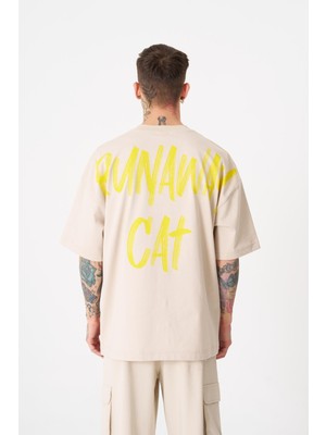 Machinist Erkek Runaway Cat Baskılı Oversize Tişört Açık Bej