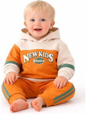MixMax Bebe Erkek Bebek Kapüşonlu New Kids Uzun Kollu Alt Üst Bebek Takımı %100 Pamuklu