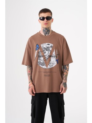 Machinist Oversize Free Spirit Baskılı Pamuklu Tişört Kahverengi