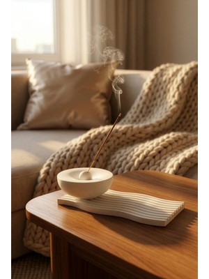 Zuri Design Modern Beton Tütsülük Set Dalgalı Altlıklı - Beyaz Minimalist Çubuk Tütsü Tutucu