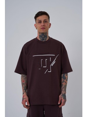 Machinist Erkek Triangel Applique Baskılı Tişört Kahverengi