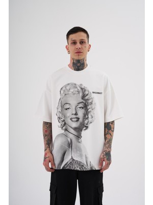 Machinist Erkek Marilyn Monrou Baskılı Oversize Tişört Ekru