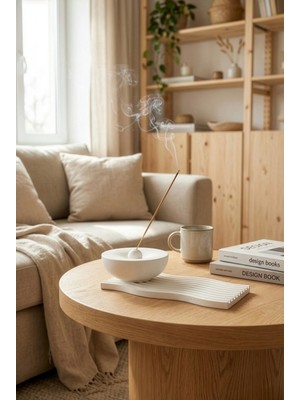 Zuri Design Modern Beton Tütsülük Biblo Seti – Dalgalı Altlıklı Beyaz Minimalist Çubuk Tütsü Tutucu