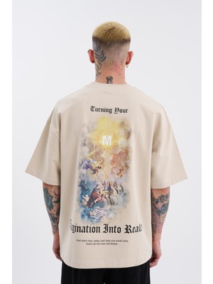 Machinist Erkek Turning Your Imagination Baskılı Oversize Tişört Açık Bej