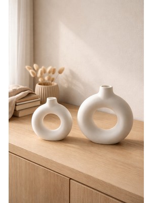 Zuri Design Dekoratif Beton Donut Vazo 2'li Set - Iskandinav Bohem Tarz Halka Masa Üstü Obje