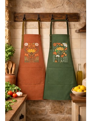 Hulganz Mutfak Önlüğü Seti 2'li Leke Tutmaz Su Itici Kumaş Solmaz Baskı Şef Çiçek Desenli Çift Önlük Çeyiz Hediye Çift Önlük
