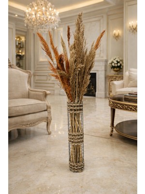 Şık Dekoratif Jüt Hasır Üç Örgü Metal Pampas Vazo 50CM