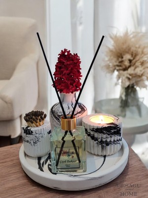 Mermer Desenli Mum ve Vazo Seti, Oda Kokusu, Tealight, Kıbrıtlık ve Yuvarlak Tepsi