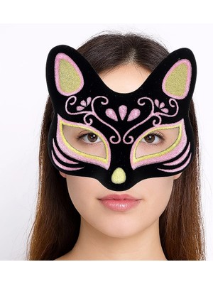 Siyah Renk Süet Kaplama Üzeri Sarı Pembe Simli Kedi Maskesi 17X14 cm Dıe Grup (4720)