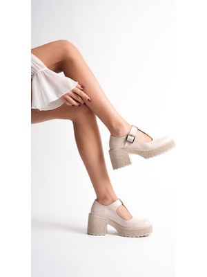 Roof Atelier Mathilda Bej Rugan Bilekten Kemerli Topuklu Loafer Ayakkabı