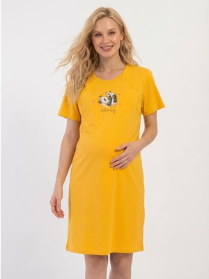 Cotonhause Kadın Kısa Kol Emzirme Kolaylıklı %100 Pamuk Hamile Lohusa Sarı Gecelik COT521231