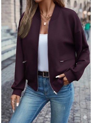 Maison Voura Kadın Uzun Kollu Önden Fermuarlı Cepli Modal Mürdüm Ceket