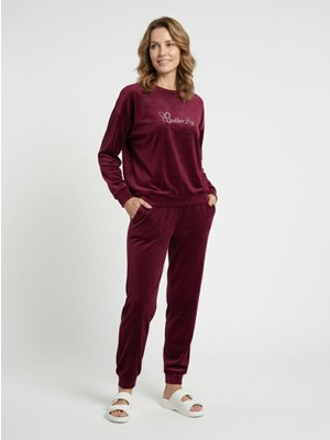 Love Giyim Yazılı Kadife Pijama Takımı