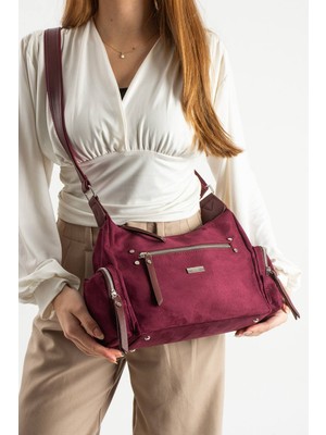 Asel Çanta ,Bordo süet Kadın Omuz ve Çapraz Askılı Çok Bölmeli Günlük Çanta