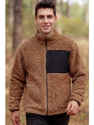Erkek Kahverengi Anti Peeling Kuzu Welsoft Polar Ceket Tam Fermuarlı 3 Cepli