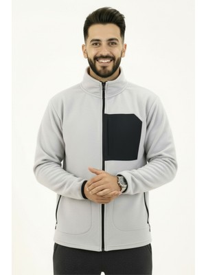 Gri Erkek Softshell Anti Peeling Polar Ceket 3 Cepli Tam Fermuarlı Ön Parça Detaylı