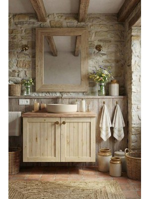 Adn Dizayn 60 cm Asma Aynalı Banyo Dolabı | 2 Kapaklı Lavabolu | Ahşap Masif Ladin Çam