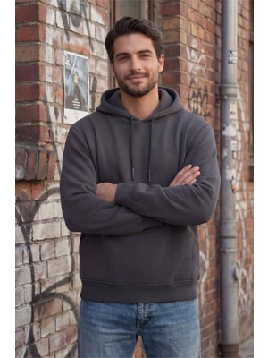 Füme Erkek 3 Ip  Kapüşonlu Yandan Cepli Sweat Polarlı Yünlü Yumuşak Puf Kumaş