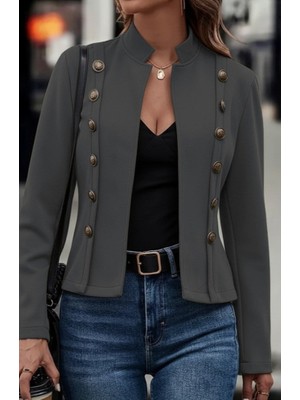 Melen Moda Kadın Uzun Kollu Hakim Yaka Yanlardan Düğmeli Kısa Süet Ceket