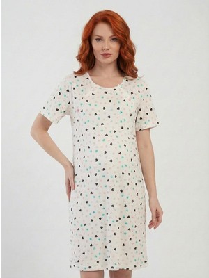 Cotonhause Kadın Kısa Kol Emzirme Kolaylıklı %100 Pamuk Kalp Desenli Hamile Lohusa Gecelik COT516183