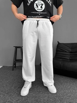 Giyim Center Iki Iplik Kumaş Beli Lastikli Yan Flota Cepli Baggy Alt Esofman - Beyaz