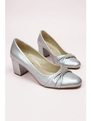 Modayak Zarif Gümüş Kare Topuk Yuvarlak Burun Topuklu Ayakkabı