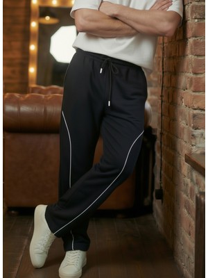 Erkek Siyah Baggy Biyeli Oversize Relaxed 4 Mevsim Eşofman Altı Bol Paça 2 Iplik Tam Kalıp