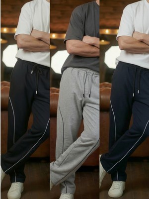 Erkek 3'lü Paket Baggy Biyeli Oversize Relaxed 4 Mevsim Eşofman Altı Bol Paça 2 Iplik Tam Kalıp