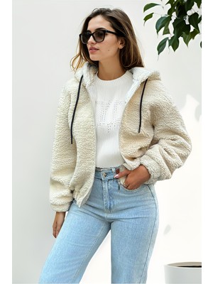 Hiramir Peluş Kapüşonlu Kadın Bomber Mont Taş KS2503