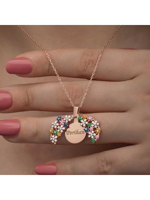 cleovibe Gümüş Rose Renkli Çiçek Kişiye Özel Kadın Kolye