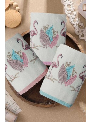 Mira Home 3 Lü Renkli Kuğu Nakışlı Su Taşı Kenar Işlemeli Havlu Seti 50X90 cm