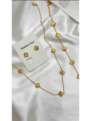 Güneş Takı Gold Mini Çelik Yonca Model Kolye Bileklik Küpe Seti 3lü