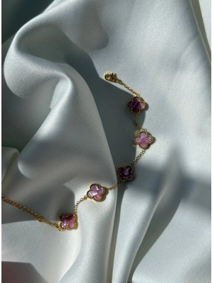 Stainless Steel Pembe Mineli Çelik Yonca Şans Bilekliği - Zerafet