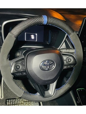 Hasbay Dikişli Direksiyon Kılıfı Karbon Nubuk Deri Mavi Yüzük Mavi Dikiş Toyota Corolla Yeniler