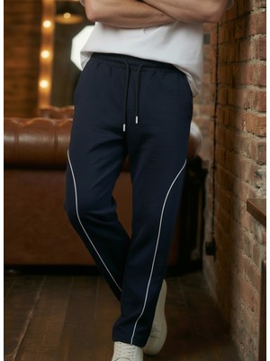 Erkek Lacivert Baggy Biyeli Oversize Relaxed 4 Mevsim Eşofman Altı Bol Paça 2 Iplik Tam Kalıp