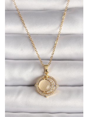 Stainles Steel 316L Çelik Gold Renk Zirkon Taşlı Sarı Sedefli Hilal Model Kadın Kolye