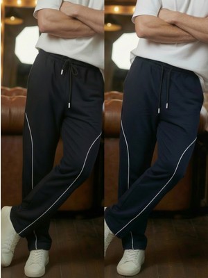 Erkek 2'li Lacivert-Siyah Baggy Biyeli Oversize Relaxed 4 Mevsim Eşofman Altı Bol Paça 2 Iplik