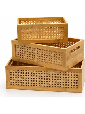 Perla Ev 3’lü Bambu Organizer Sepet Seti – Çok Amaçlı Dekoratif Düzenleme Kutuları (35×25, 30×20, 25×15 Cm)