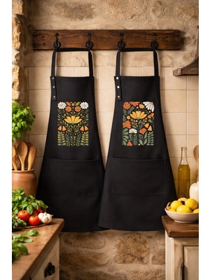 Hulganz Mutfak Önlüğü Seti 2'li Leke Tutmaz Su Itici Kumaş Solmaz Baskı Şef Çiçek Desenli Çift Önlük Çeyiz Hediye Çift Önlük