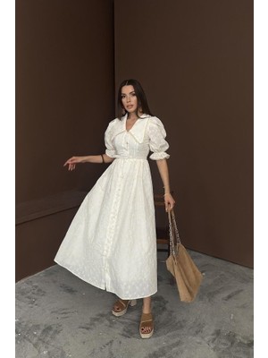 Maison Voura Bej Bebe Yaka Balon Kollu Brode Elbise