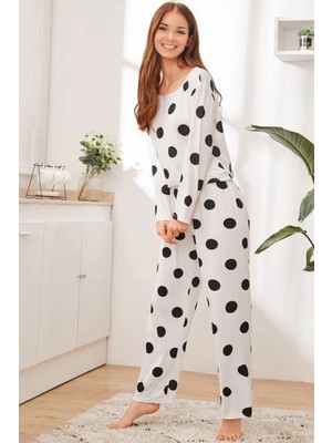 Dofi Kadın Puantiyeli Pijama Takımı – Beyaz-Siyah, Bisiklet Yaka