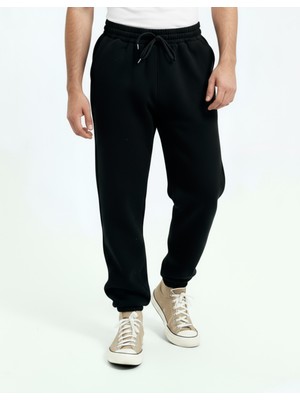 Siyah Erkek 3 Iplik Erkek Eşofman Altı Paça Lastikli Yumuşak Pamuklu