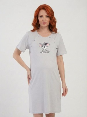 Cotonhause Kadın Kısa Kol Emzirme Kolaylıklı %100 Pamuk Hamile Lohusa Gri Gecelik COT514397