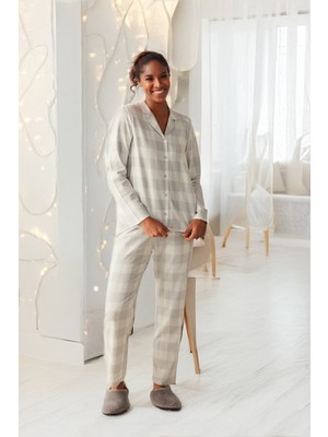Dofi Kadın 1767 Gri Pötikare Pijama Takımı Uzun Kollu, Düğmeli