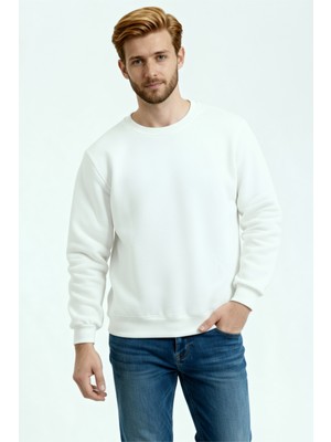 Beyaz Erkek Sıfır Yaka 3 Iplik Sweatshirt Içi Polarlı Kışlık Kalın
