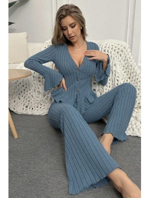 Parkbella Düğmeli Fırfırlı Uzun Pijama Takımı