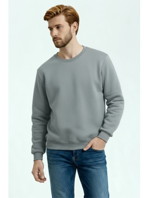 Gri Erkek Sıfır Yaka 3 Iplik Sweatshirt Içi Polarlı Kışlık Kalın