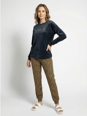 Love Giyim Üst Siyah Alt Leopar Desenli Pijama Takımı