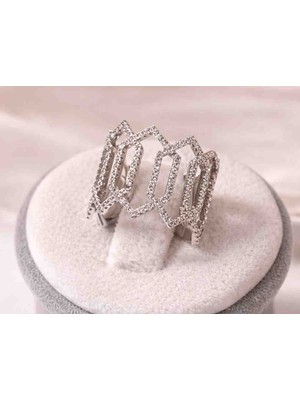 Hid Silver Çtkgdçyzk Çok Taşlı Köşeli Geometrik Desenli Çıtır Yüzük Modeli